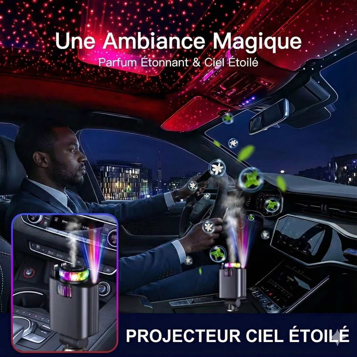 Chargeur de Voiture 5-en-1 Rétractable – Purificateur d’Air, Humidificateur & Ambiance LED