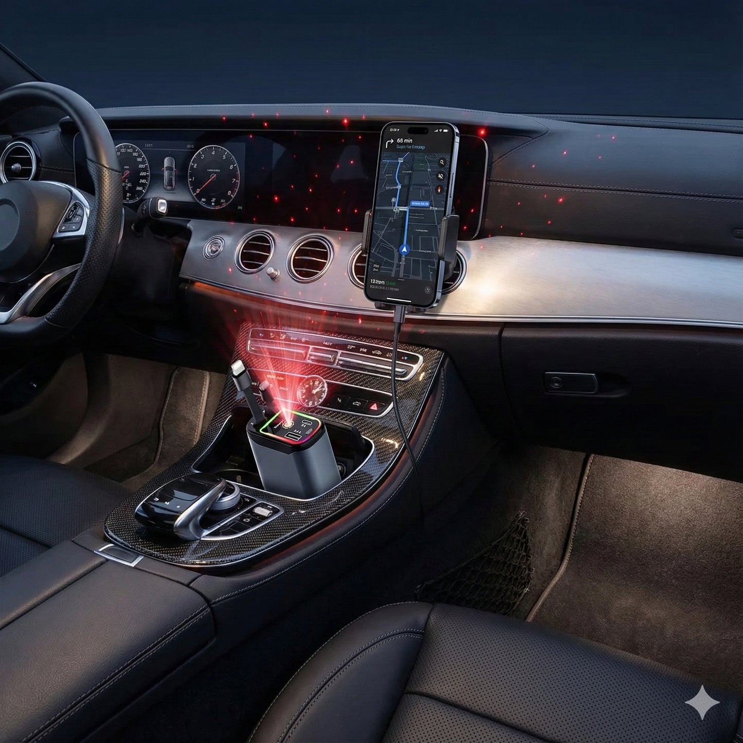 Chargeur Voiture 4-en-1 Rétractable avec Éclairage Starlight | Charge Rapide PD