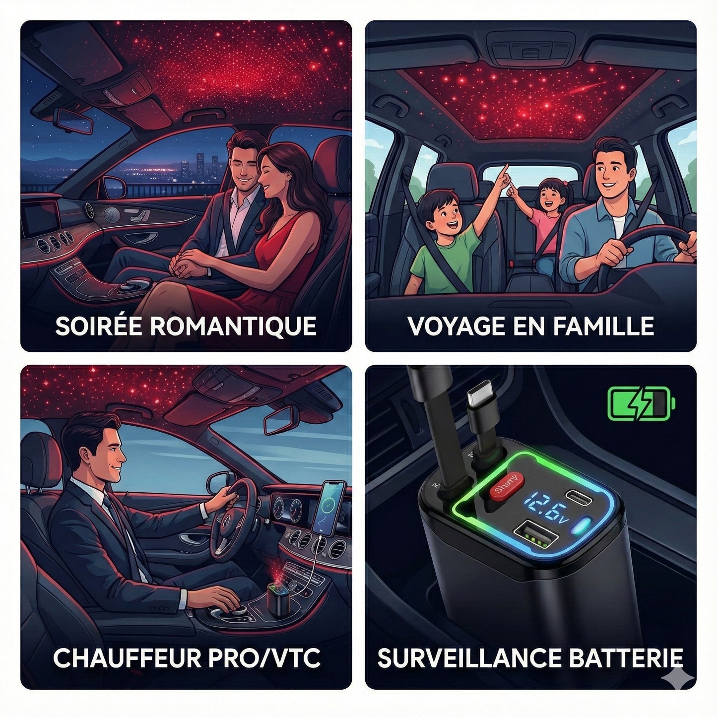 Chargeur Voiture 4-en-1 Rétractable avec Éclairage Starlight | Charge Rapide PD