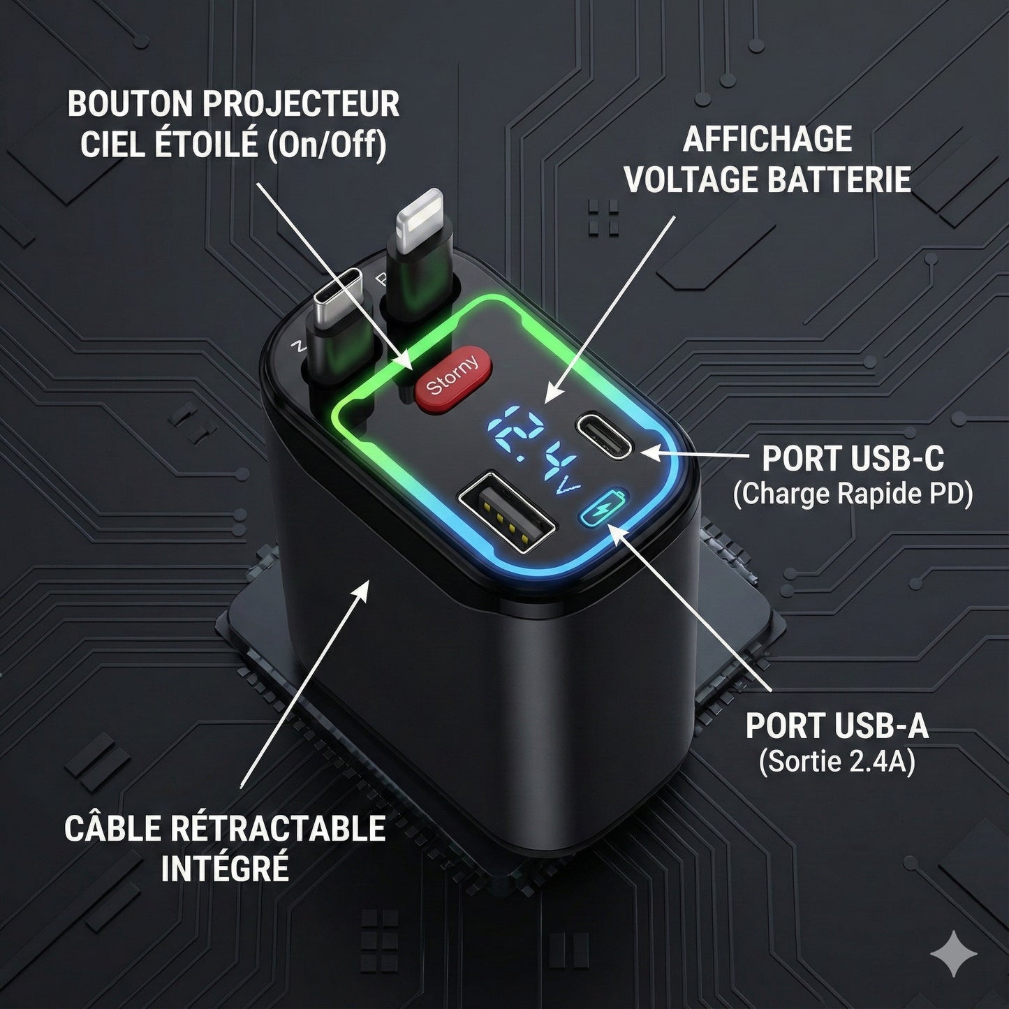 Chargeur Voiture 4-en-1 Rétractable avec Éclairage Starlight | Charge Rapide PD