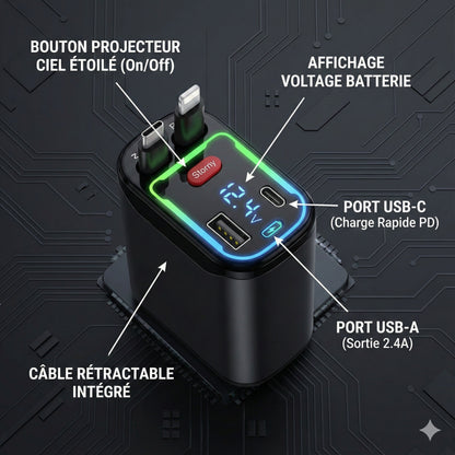Chargeur Voiture 4-en-1 Rétractable avec Éclairage Starlight | Charge Rapide PD