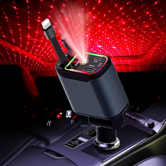 Chargeur Voiture 4-en-1 Rétractable avec Éclairage Starlight | Charge Rapide PD