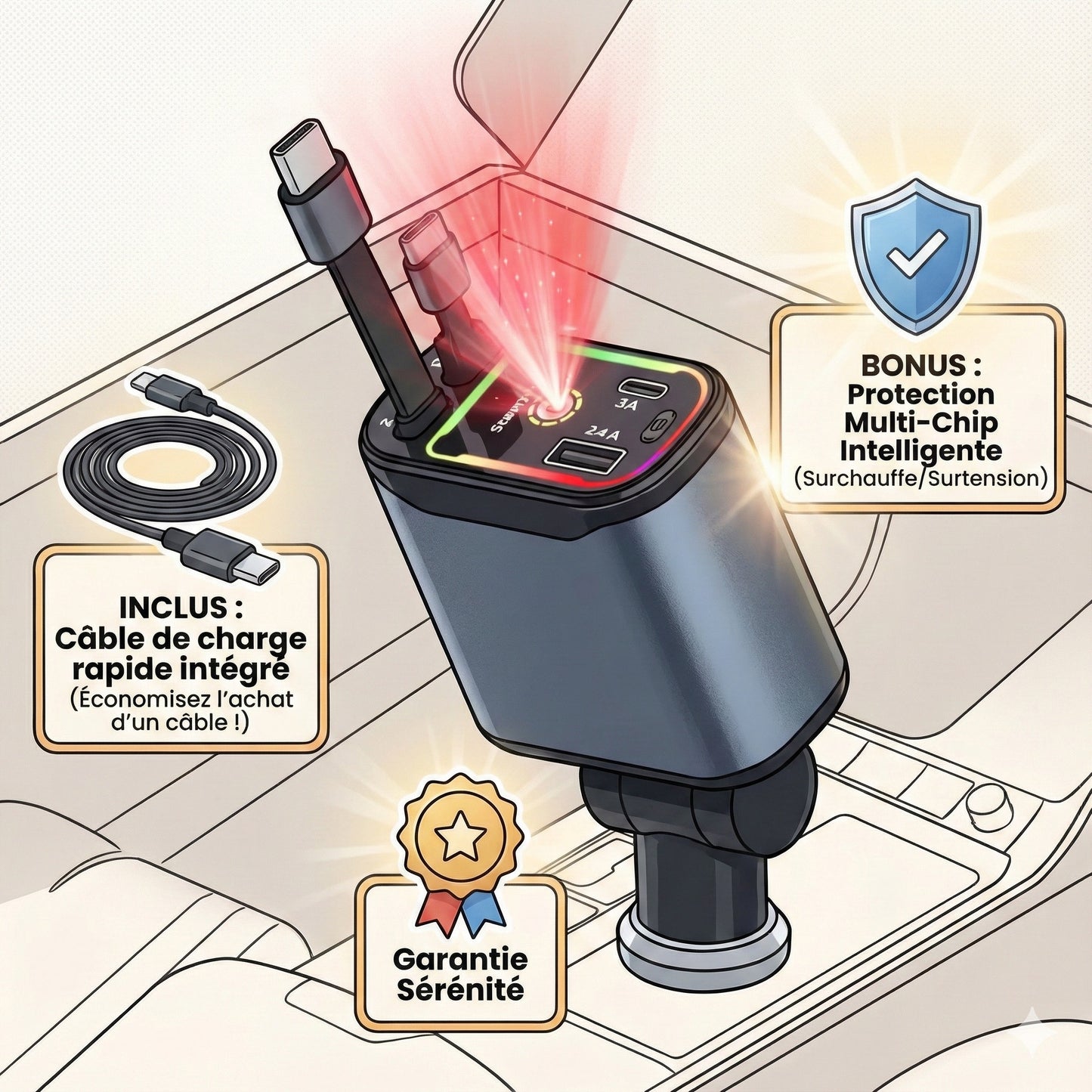 Chargeur Voiture 4-en-1 Rétractable avec Éclairage Starlight | Charge Rapide PD